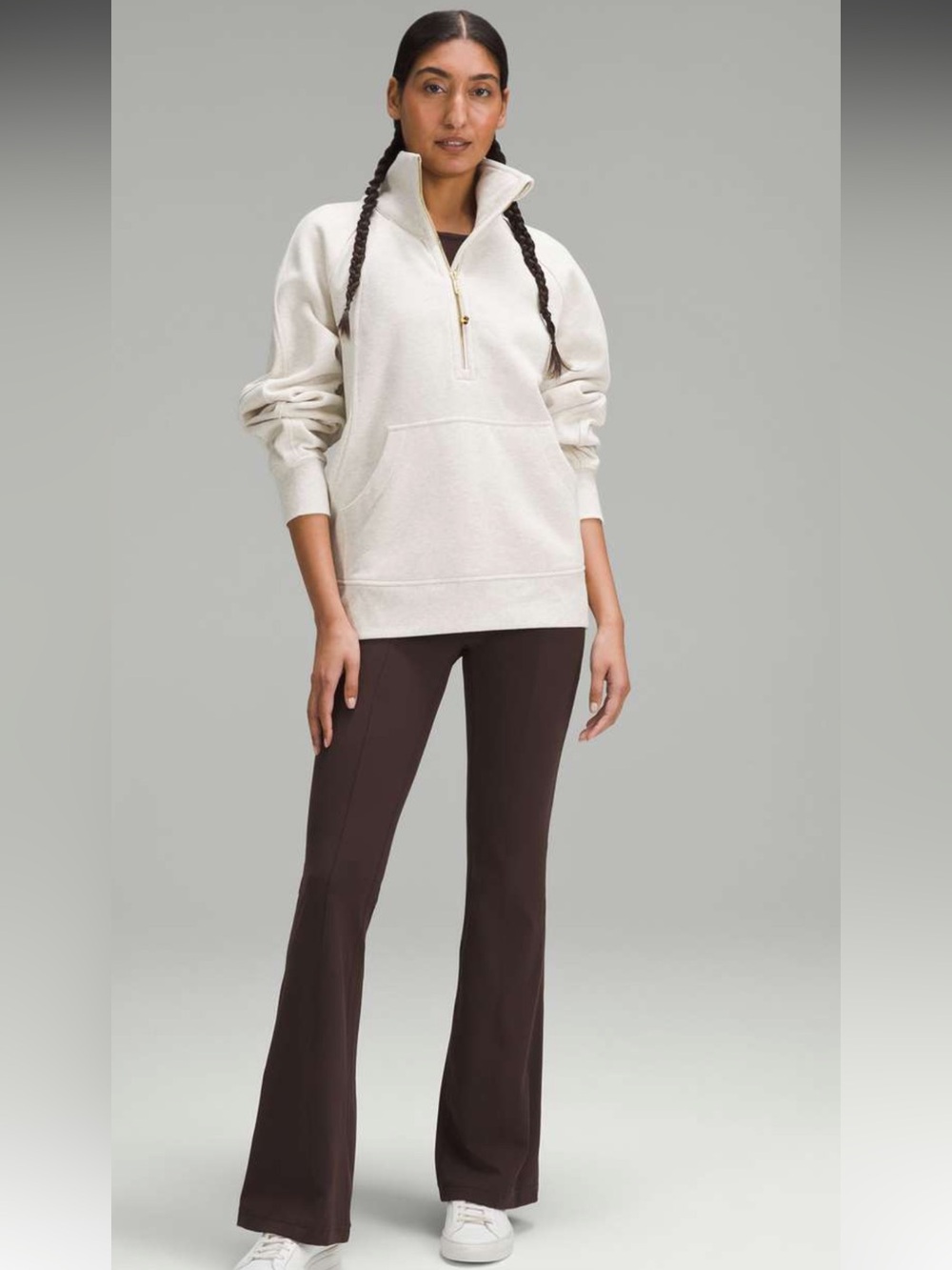 18. Lululemon Scuba Oversized Funnel-Neck Half Zip Long Heathered Bone/Gold XS/S